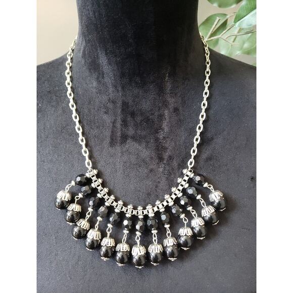 Vintage Black Beaded Necklace Silver Tone Statement with Faceted Drops - Picture 1 of 7